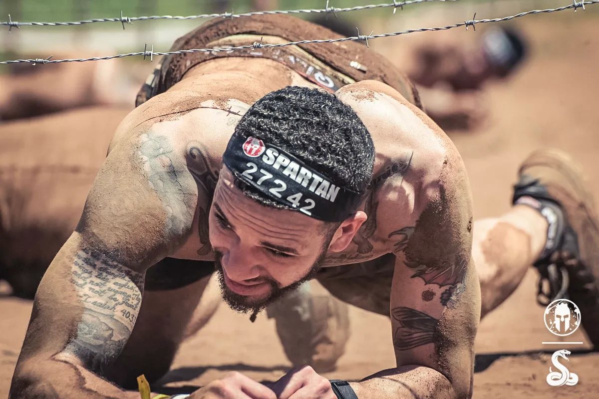 Cameron mid-race at a Spartan obstacle course race